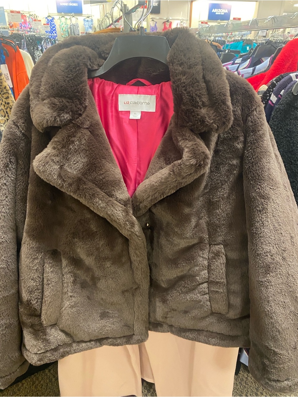 Liz Claiborne Plush Faux Fur Jacket in Brown with Pink Lining